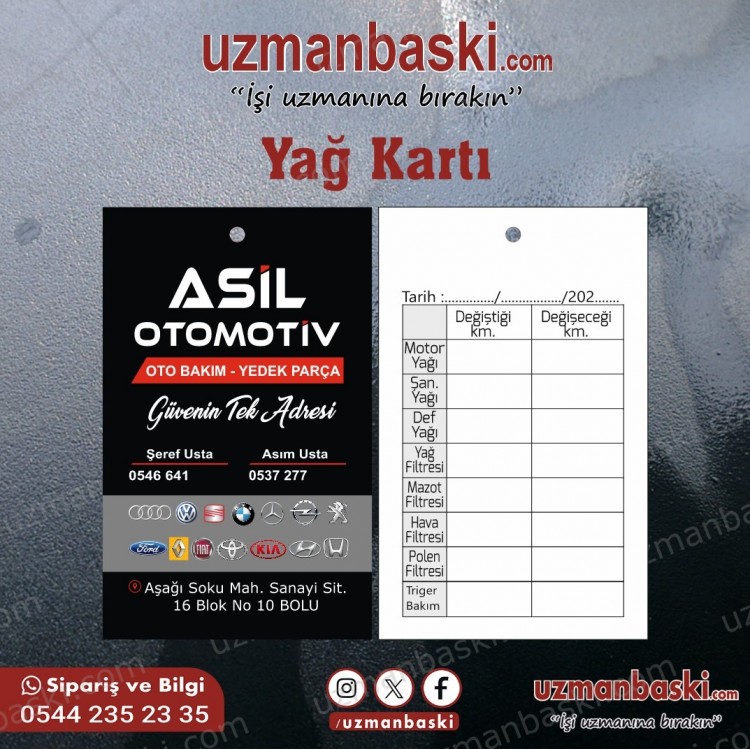 Yağ Bakım Kartı Standart 3 Yağ Bakım Kartı Standart 3