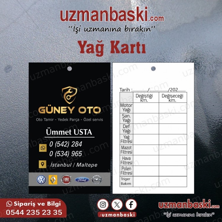 Güney Oto Yağ Bakım Kartı Örneği Güney Oto Yağ Bakım Kartı Örneği