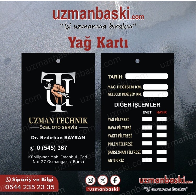Yağ Bakım Kartı Standart 4 Yağ Bakım Kartı Standart 4