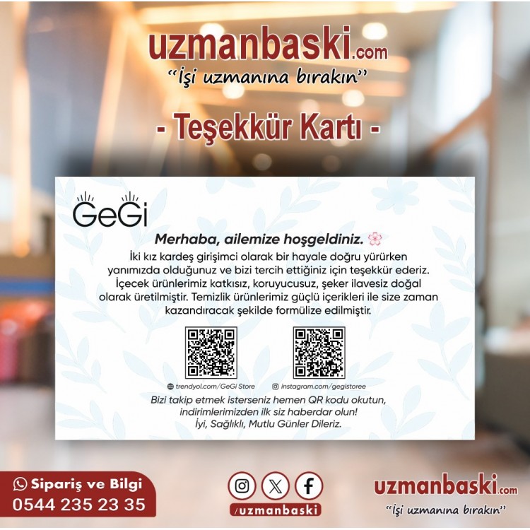 Butik ve online mağazalar için sade, şık teşekkür kartı tasarımı örneği.
